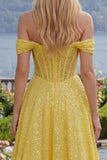 Sparkly A-Line Yellow Off the Shoulder Corset Sequins Long Prom Dress