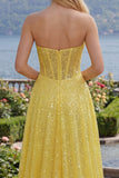 Sparkly Yellow A-Line Sweetheart Corset Sequins Long Prom Dress with Slit