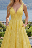 Sparkly Yellow A-Line Corset V-Neck Sequins Long Prom Dress with Pockets