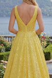 Sparkly Yellow A-Line Corset V-Neck Sequins Long Prom Dress with Pockets