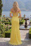 Sparkly Yellow Off the Shoulder Mermaid Corset Sequins Long Prom Dress with Slit