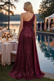 Sparkly Burgundy A-Line One Shoulder Sequins Long Prom Dress with Slit