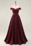 Sparkly Off the Shoulder Burgundy A-Line Sequins Long Prom Dress