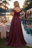 Sparkly Off the Shoulder Burgundy A-Line Sequins Long Prom Dress