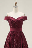 Sparkly Off the Shoulder Burgundy A-Line Sequins Long Prom Dress