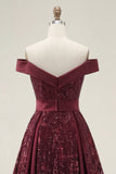Sparkly Off the Shoulder Burgundy A-Line Sequins Long Prom Dress