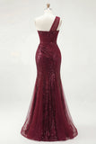 Sparkly One Shoulder Burgundy Mermaid Sequins Long Prom Dress with Slit