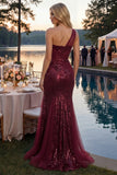 Sparkly One Shoulder Burgundy Mermaid Sequins Long Prom Dress with Slit