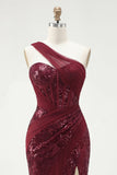 Sparkly One Shoulder Burgundy Mermaid Sequins Long Prom Dress with Slit