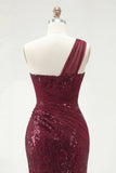 Sparkly One Shoulder Burgundy Mermaid Sequins Long Prom Dress with Slit