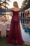 Sparkly A-Line Off the Shoulder Burgundy Sequins Long Prom Dress