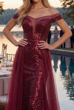 Sparkly A-Line Off the Shoulder Burgundy Sequins Long Prom Dress