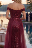 Sparkly A-Line Off the Shoulder Burgundy Sequins Long Prom Dress