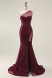 Sparkly Burgundy Sequins Mermaid One Shoulder Long Prom Dress with Slit