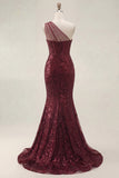 Sparkly Burgundy Sequins Mermaid One Shoulder Long Prom Dress with Slit