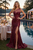 Sparkly Burgundy Sequins Mermaid One Shoulder Long Prom Dress with Slit