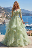 Green A-Line Corset V-Neck Appliqued Long Prom Dress with Ruffles