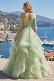Green A-Line Corset V-Neck Appliqued Long Prom Dress with Ruffles