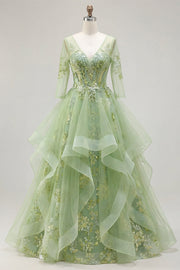 Green A-Line Corset V-Neck Appliqued Long Prom Dress with Ruffles