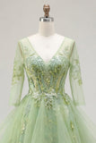 Green A-Line Corset V-Neck Appliqued Long Prom Dress with Ruffles