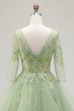 Green A-Line Corset V-Neck Appliqued Long Prom Dress with Ruffles