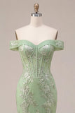 Mermaid Green Off the Shoulder Corset Appliqued Long Prom Dress