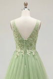 Green A-Line Spaghetti Straps Floral Long Prom Dress with Appliques