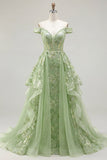 Off the Shoulder Green A-Line Appliqued Corset Floral Long Prom Dress with Ruffles
