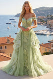 Off the Shoulder Green A-Line Appliqued Corset Floral Long Prom Dress with Ruffles