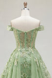 Off the Shoulder Green A-Line Appliqued Corset Floral Long Prom Dress with Ruffles