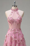Taro A-Line Halter Neck Corset Long Prom Dress with Appliqued 3D Flowers