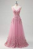 Taro A-Line Spaghetti Straps Long Prom Dress with Appliqued 3D Flowers