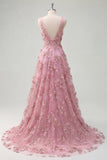 Pearl Embellished A-Line V-Neck Taro Long Prom Dress with Appliqued 3D Flowers