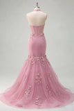 Mermaid Taro Halter Neck Corset Pearl Embellished Long Prom Dress with 3D Flowers