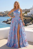 Blue One Shoulder A Line Appliqued Prom Dress with Slit