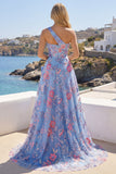 Blue One Shoulder A Line Appliqued Prom Dress with Slit