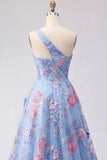 Blue One Shoulder A Line Appliqued Prom Dress with Slit
