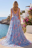 Blue Floral A Line V Neck Long Prom Dress