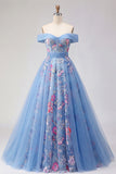 Off the Shoulder Blue A Line Appliqued Corset Long Prom Dress