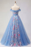Off the Shoulder Blue A Line Appliqued Corset Long Prom Dress