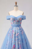 Off the Shoulder Blue A Line Appliqued Corset Long Prom Dress