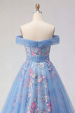 Off the Shoulder Blue A Line Appliqued Corset Long Prom Dress