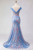 Blue V Neck Mermaid Appliqued Corset Long Prom Dress