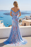 Blue V Neck Mermaid Appliqued Corset Long Prom Dress