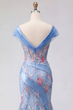 Blue V Neck Mermaid Appliqued Corset Long Prom Dress