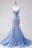 Mermaid Blue Floral V Neck Corset Long Prom Dress