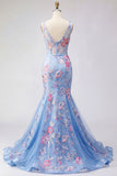Mermaid Blue Floral V Neck Corset Long Prom Dress