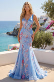 Mermaid Blue Floral V Neck Corset Long Prom Dress