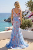 Mermaid Blue Floral V Neck Corset Long Prom Dress