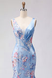 Mermaid Blue Floral V Neck Corset Long Prom Dress